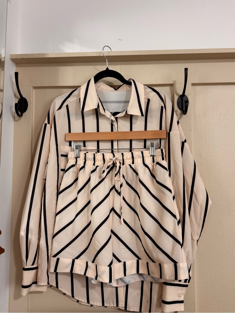 Amazon Cream and Black Striped Ruffle-Trim Blouse & Short Set
